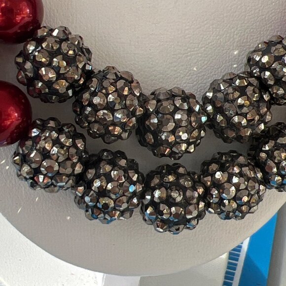 Vtg RMN Double Strand Necklace Red Graduated Faux Pearls Marcasite Beads Estate - Picture 2 of 5